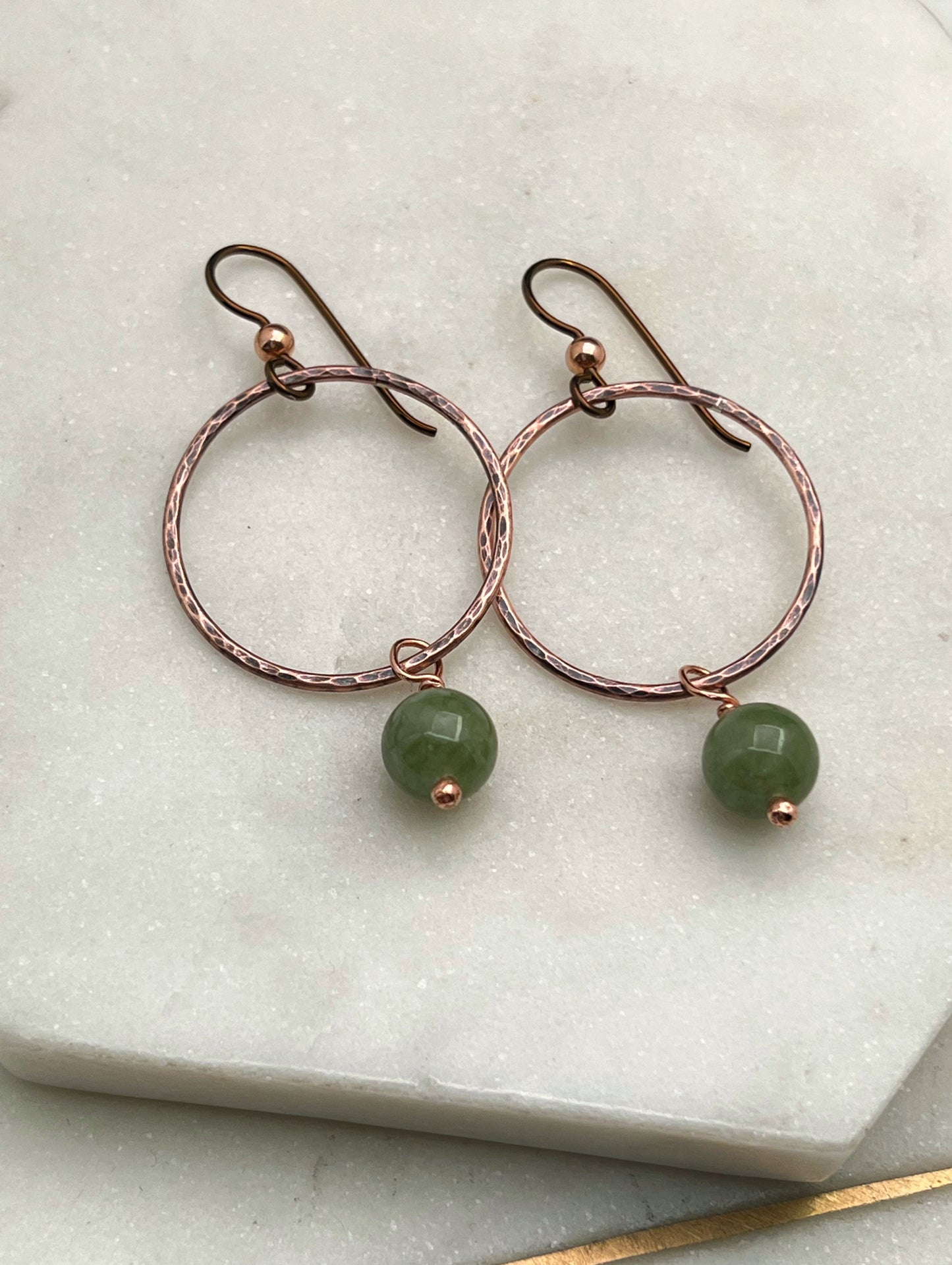 Copper and jade hoop earrings