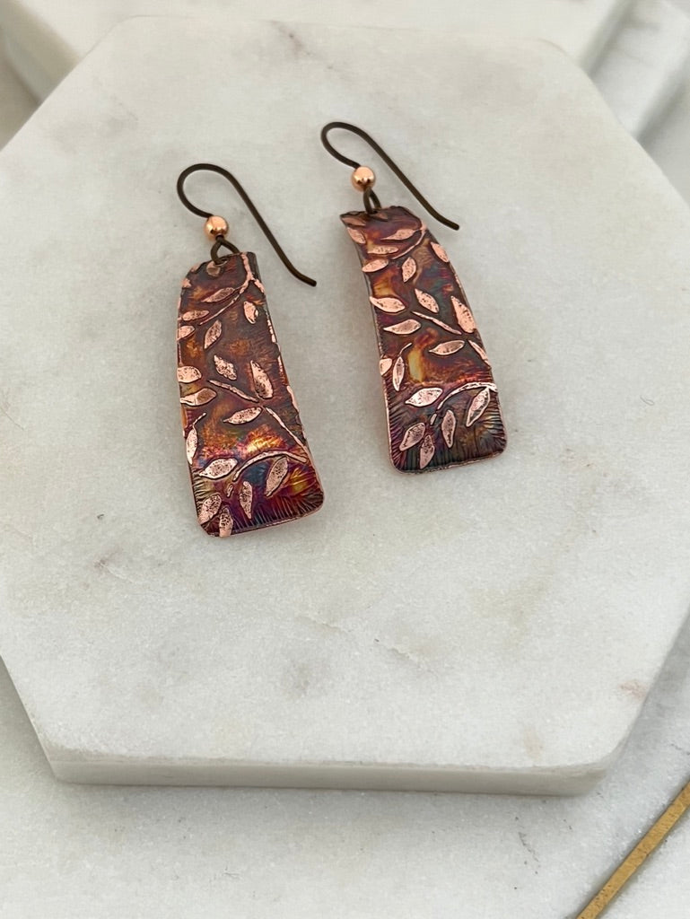 Acid etched copper irregular rectangle earrings