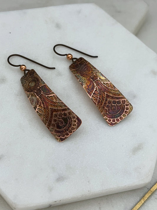 Acid etched copper irregular rectangle earrings