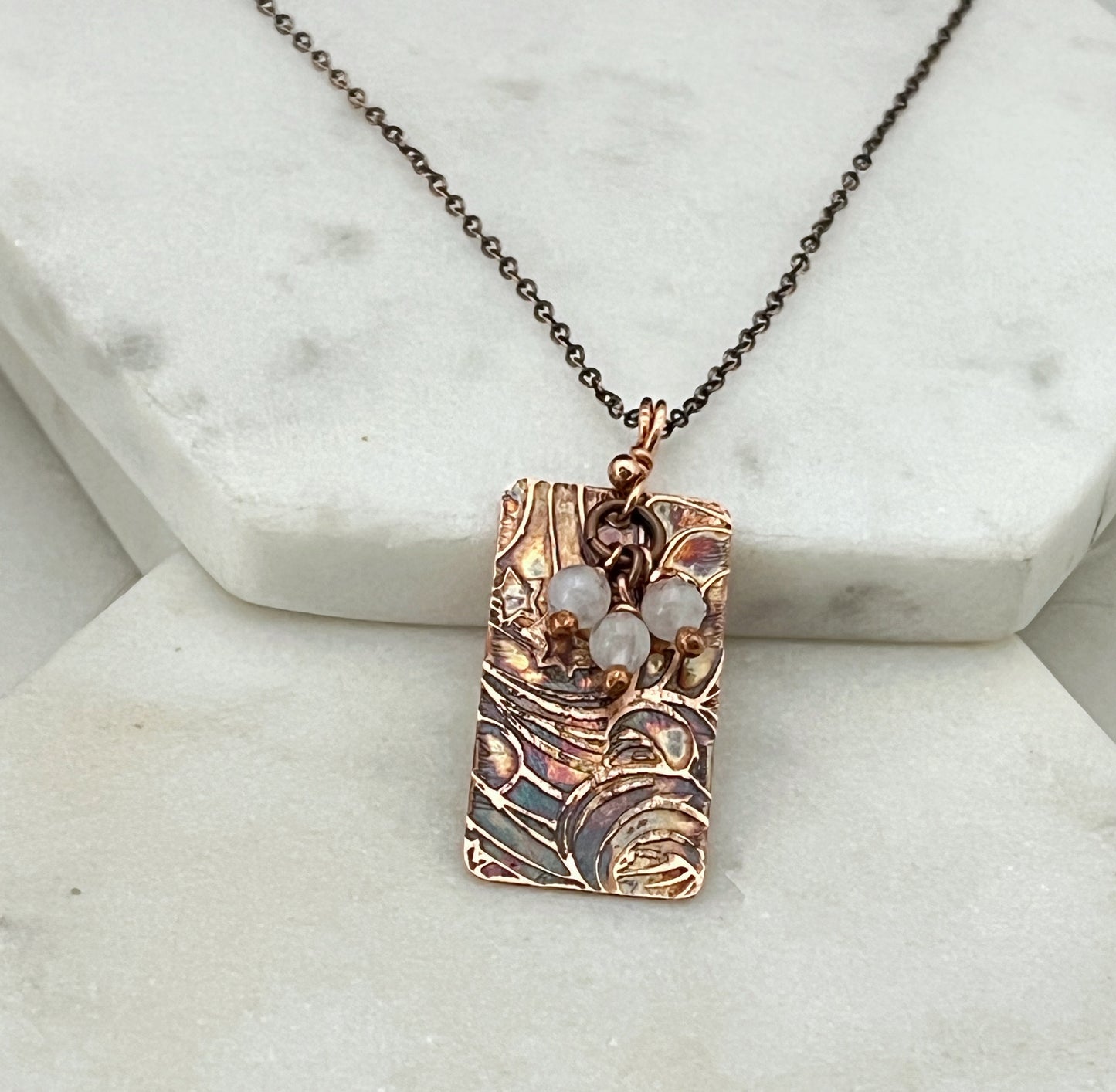Acid etched copper and moonstone necklace