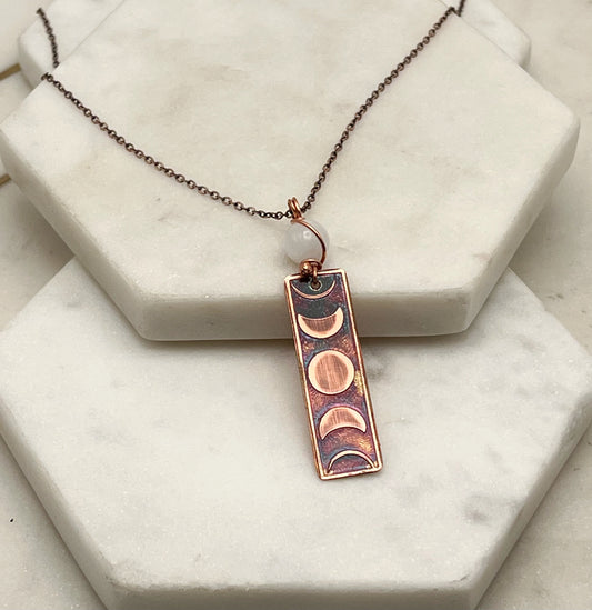 Moon phase acid etched copper necklace with moonstone gemstone