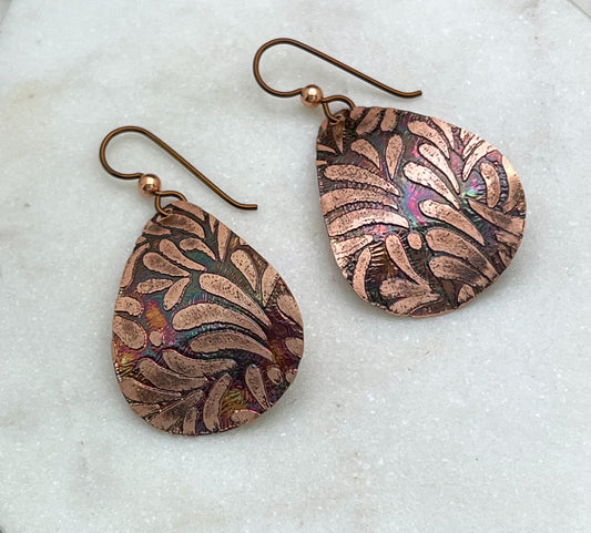 Acid etched copper medium teardrop earrings