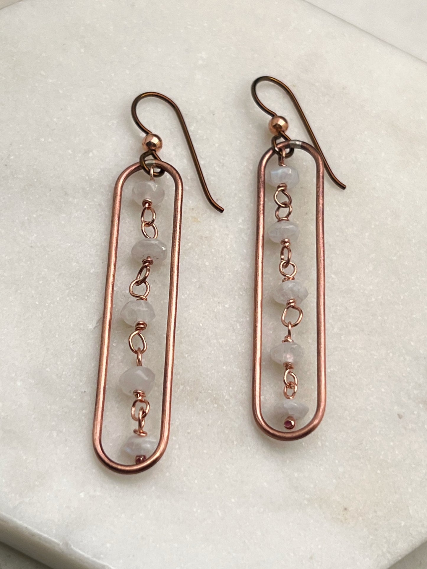 Copper and rainbow moonstone oval hoop earrings