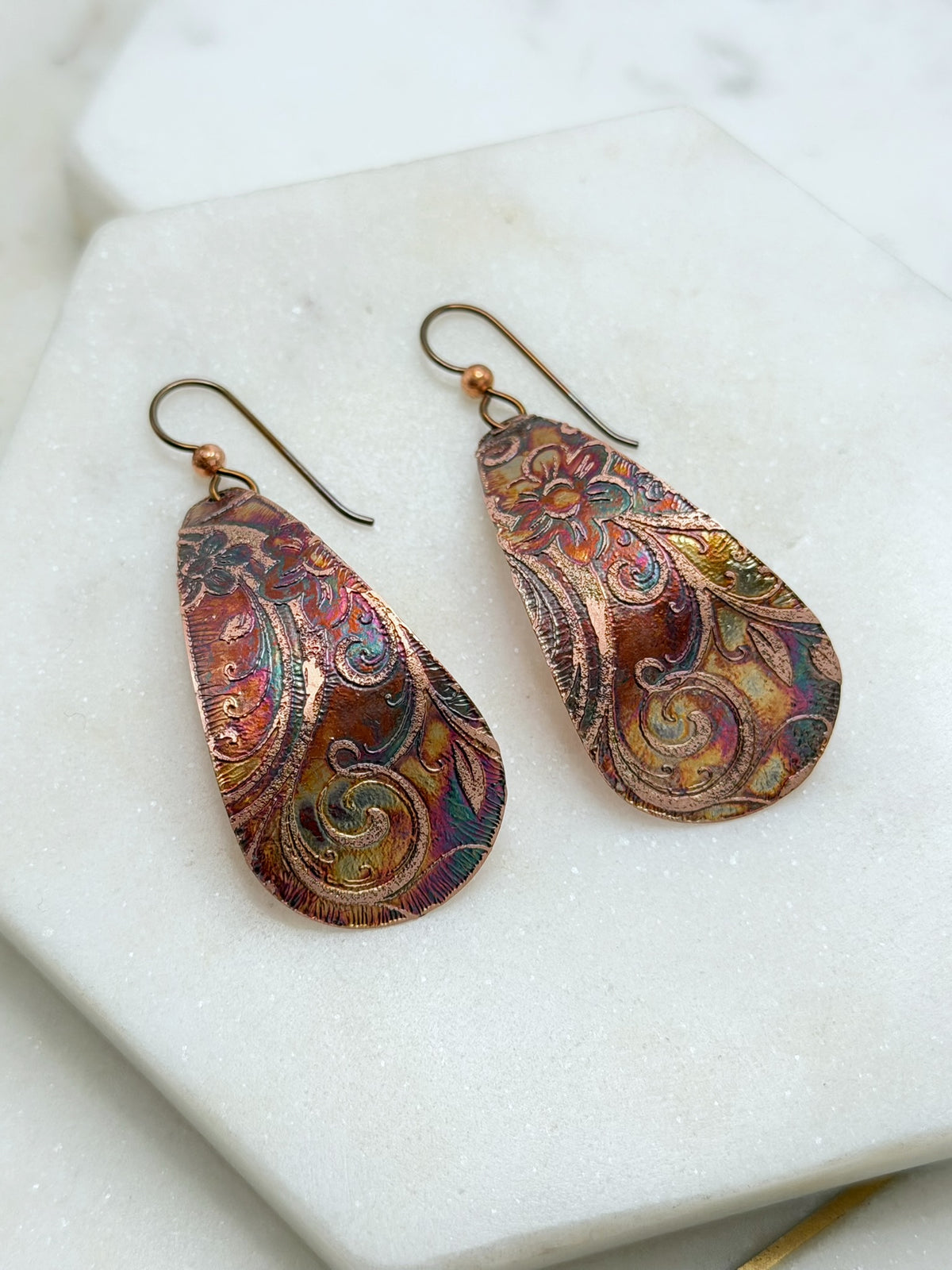 Large acid etched copper teardrop earrings