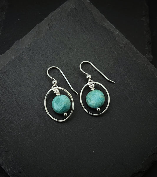 Sterling silver oval hoops with amazonite gemstones