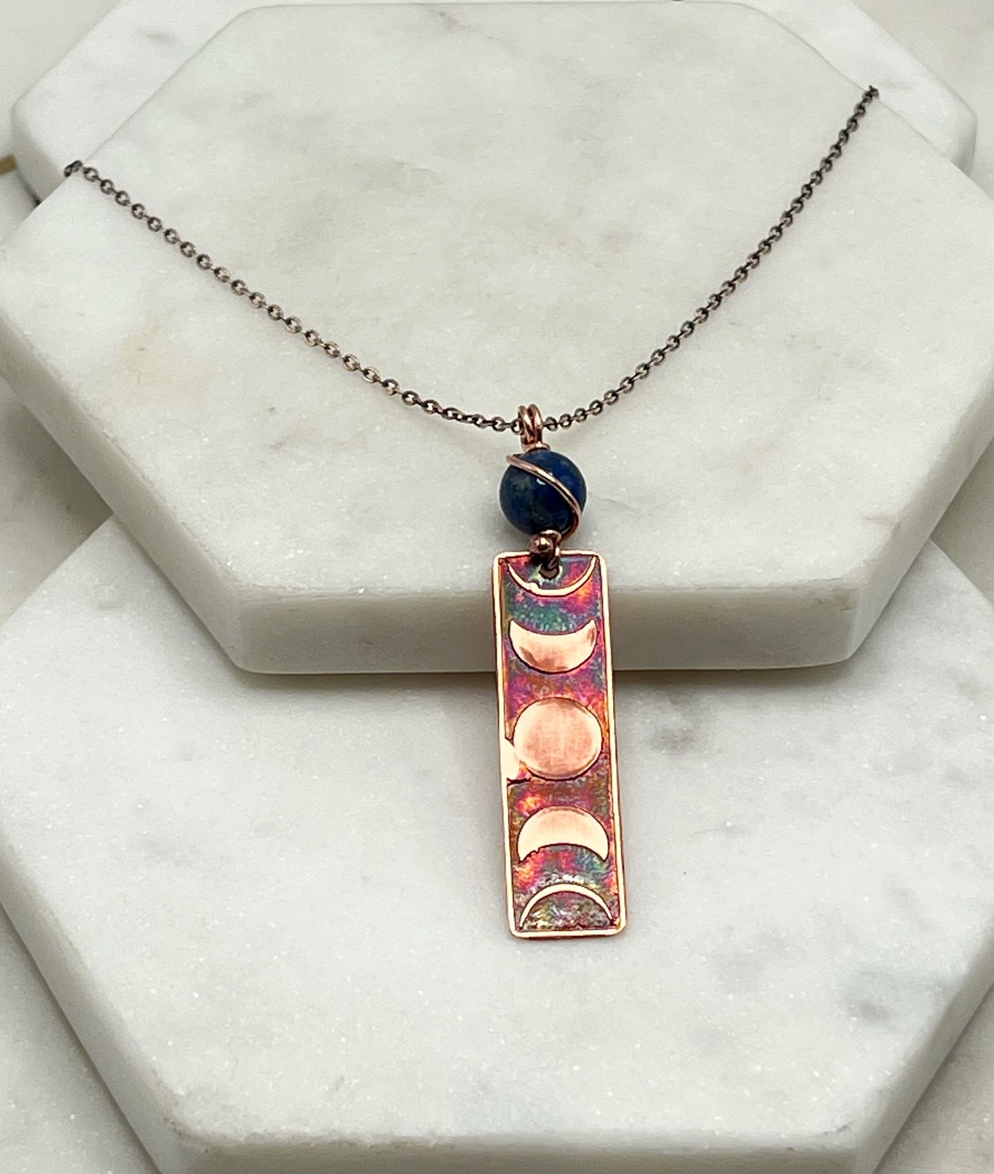 Moon phase acid etched copper necklace with lapis gemstone