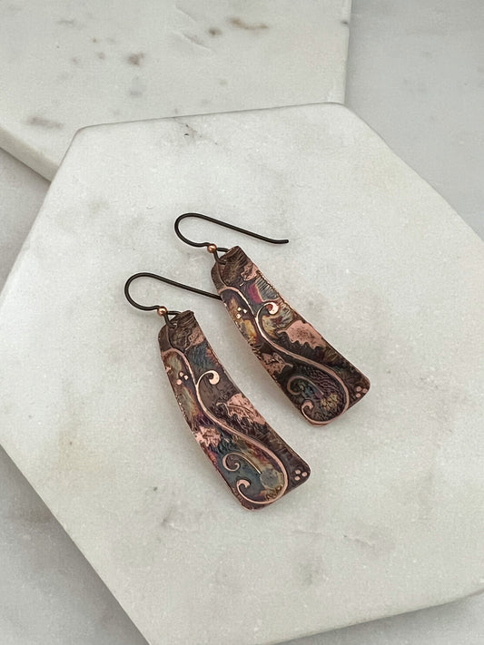 Acid etched copper irregular rectangle earrings
