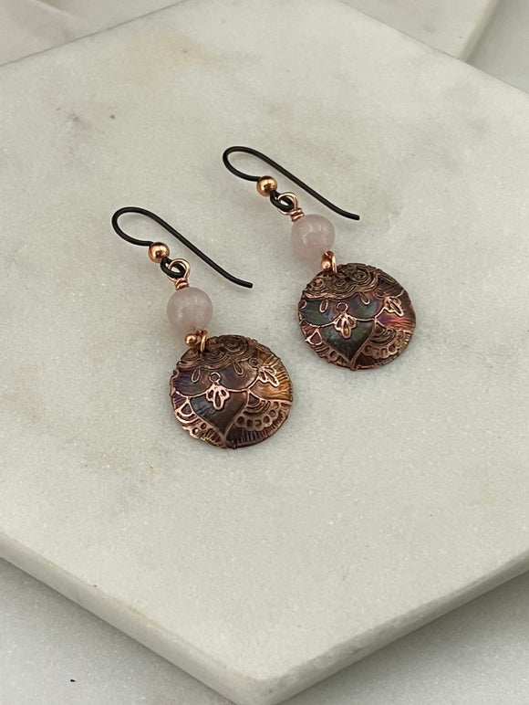 Acid etched copper earrings with rose quartz gemstones