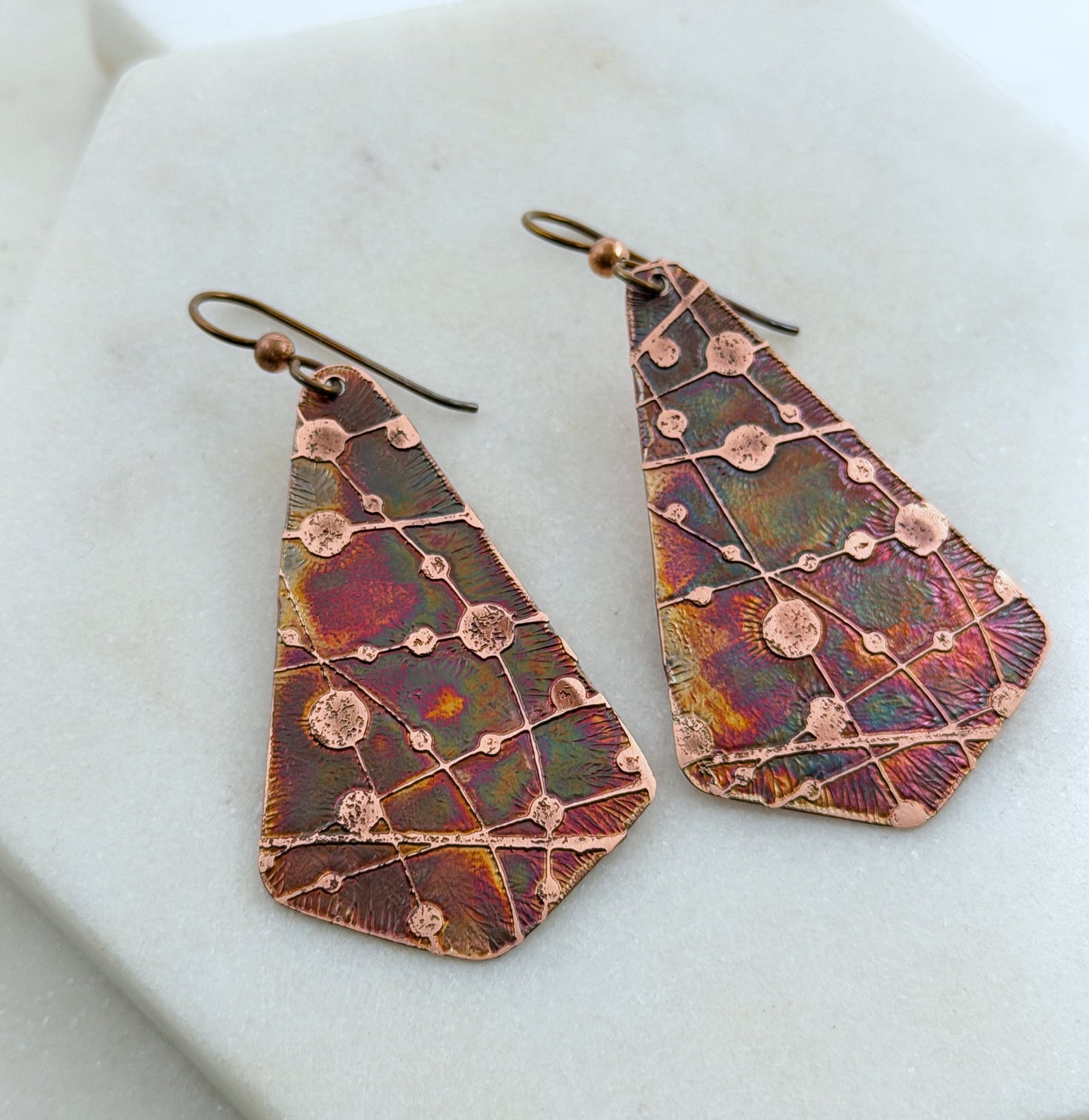 Pointed acid etched copper teardrop earrings