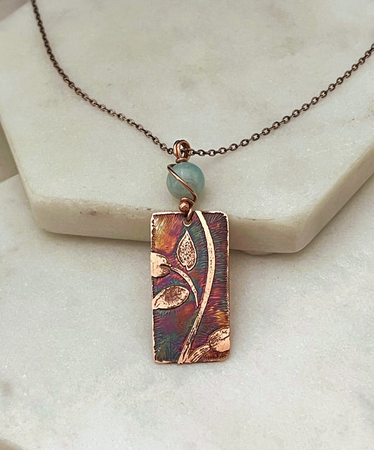 Acid etched copper leaf necklace with amazonite gemstone