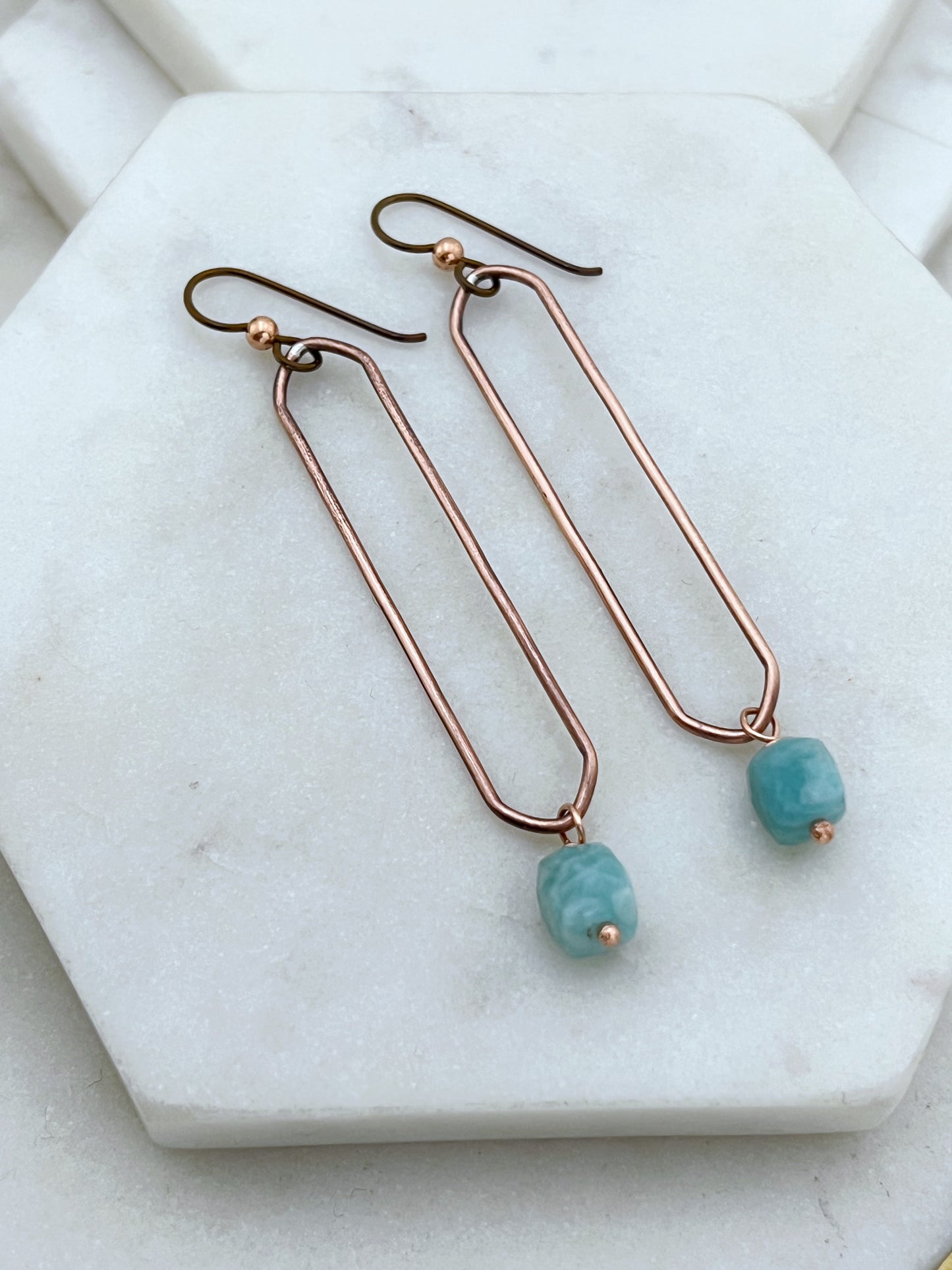 Copper oval hoops with amazonite gemstones