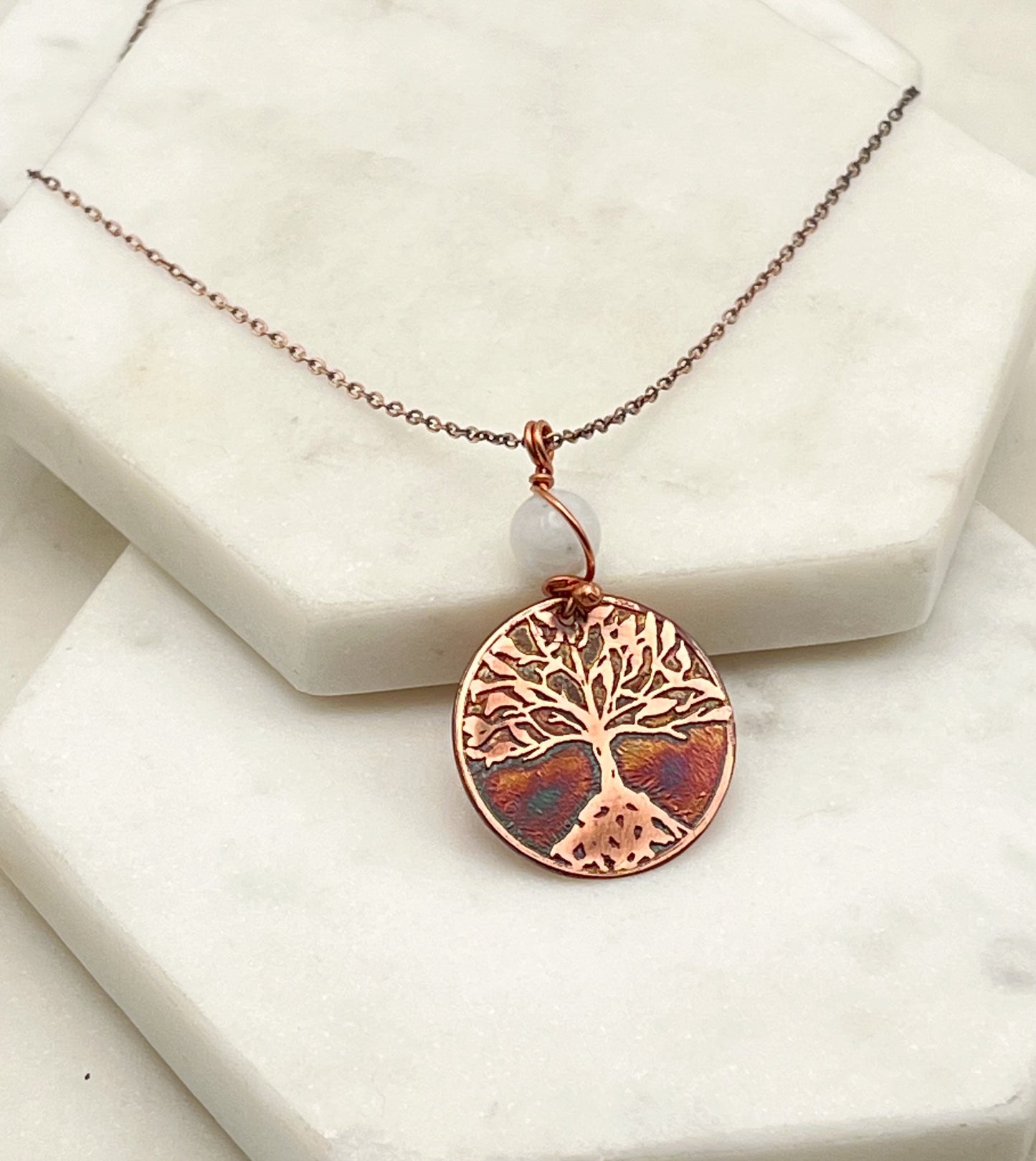 Copper and moonstone rooted tree necklace
