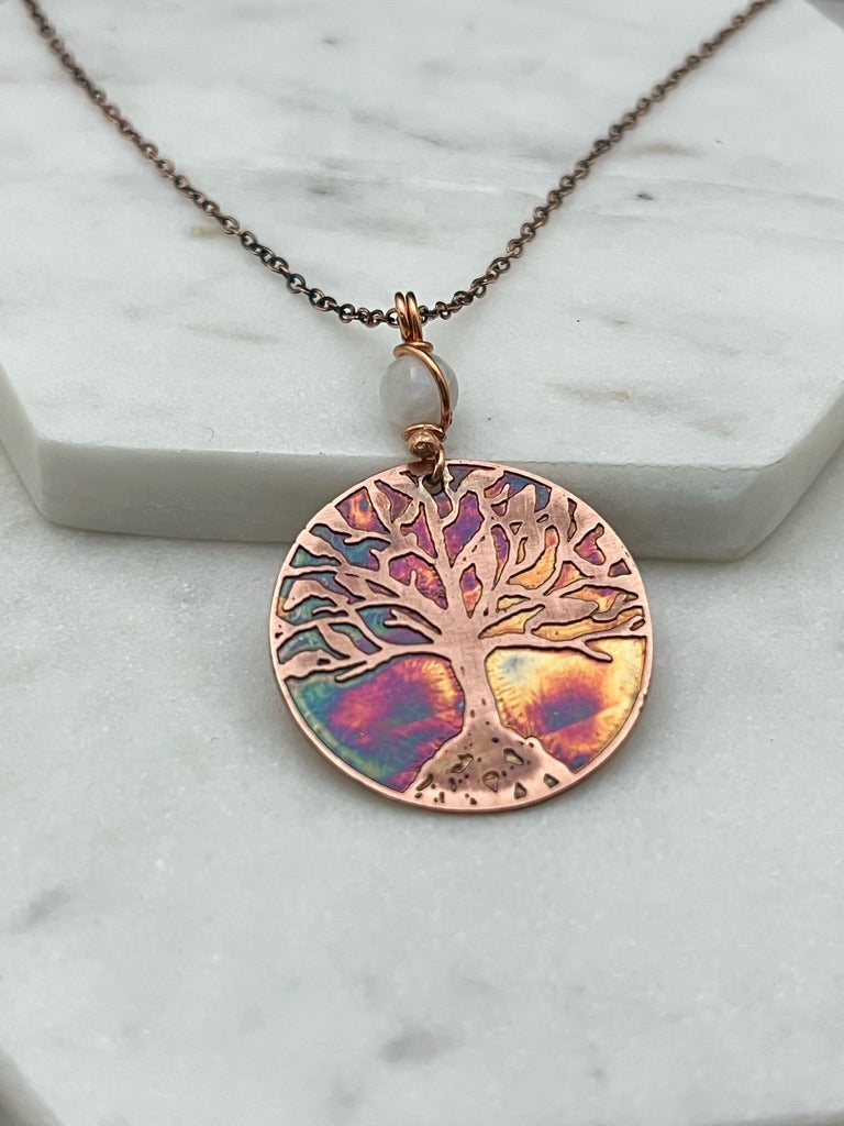 Copper and moonstone rooted tree necklace