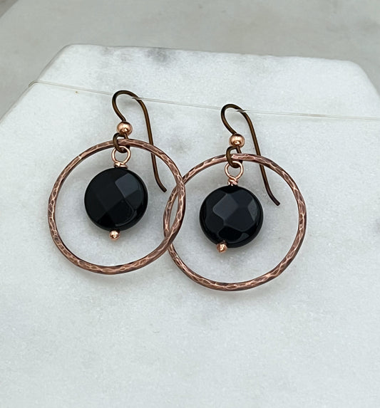 Copper hoops with onyx gemstones