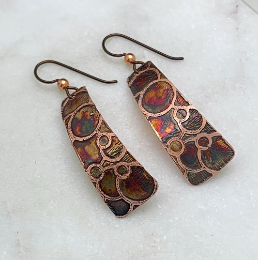 Acid etched copper irregular rectangle earrings