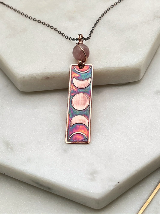 Moon phase acid etched copper necklace with lepidolite gemstone