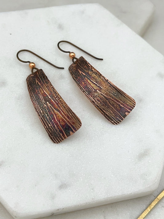 Acid etched copper irregular rectangle earrings