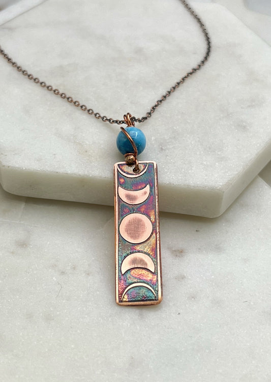Moon phase acid etched copper necklace with apatite gemstone