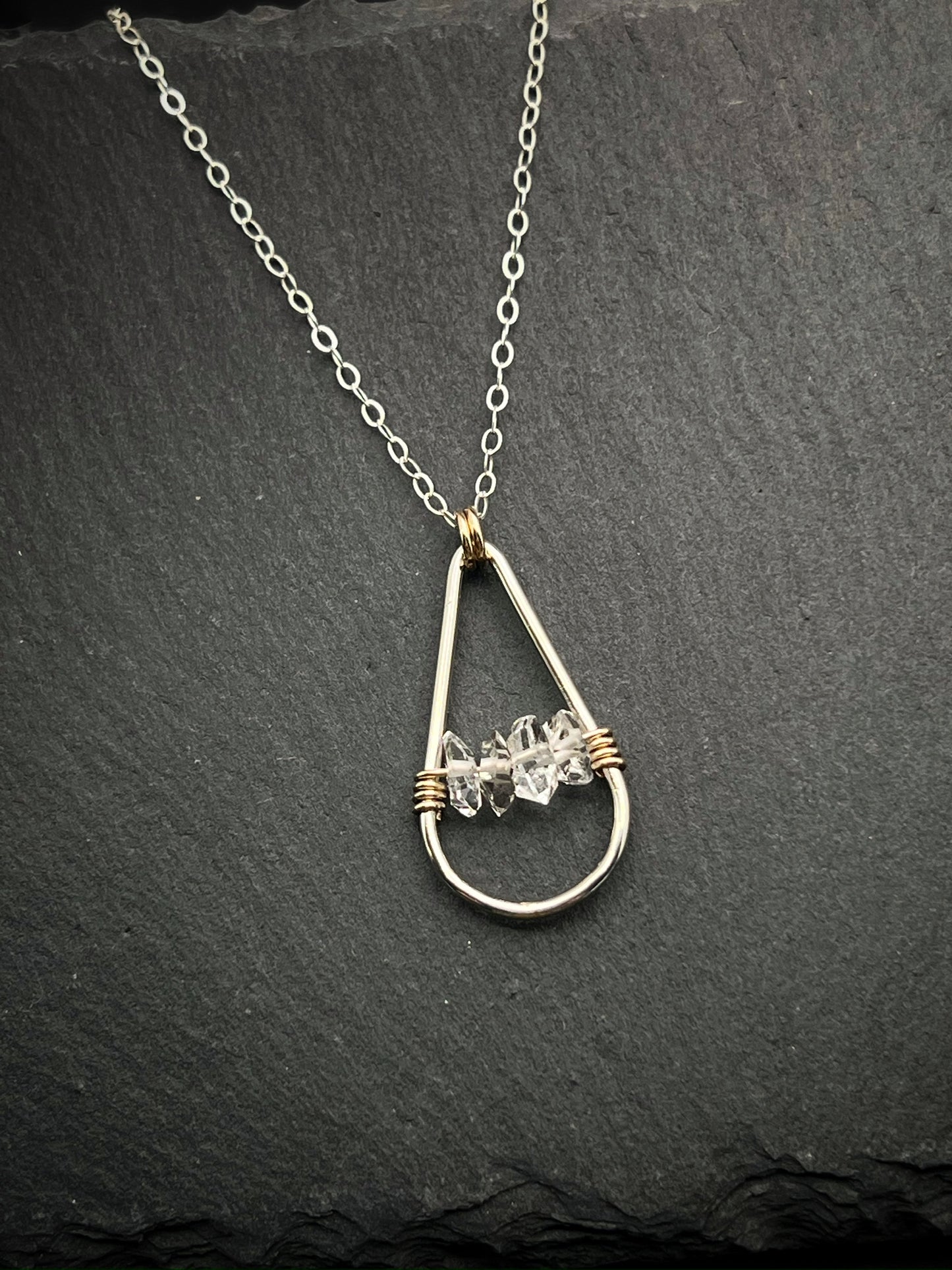 Handmade Sterling Silver Teardrop Necklace with 14k Gold and Herkimer Diamond