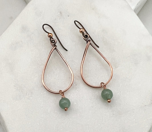 Copper teardrop hoop earrings with aventurine