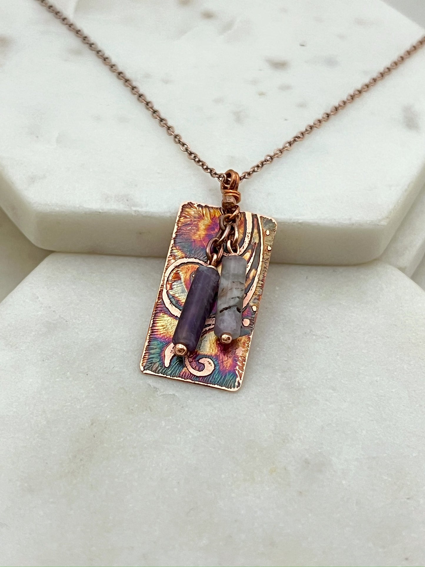 Acid etched copper and amethyst necklace