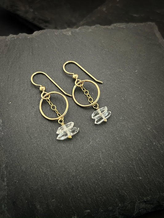 14K Gold and Herkimer diamond hoops