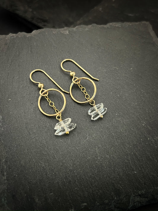 14K Gold and Herkimer diamond hoops