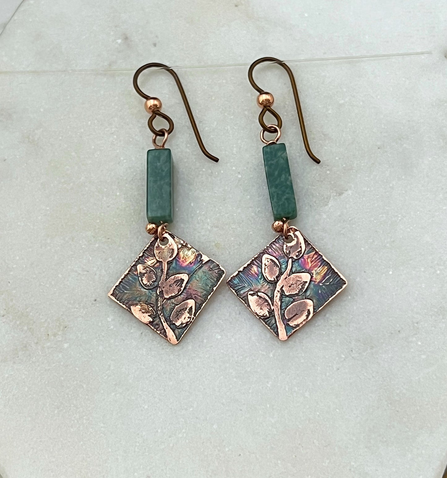Acid etched copper earrings with African Jade gemstones