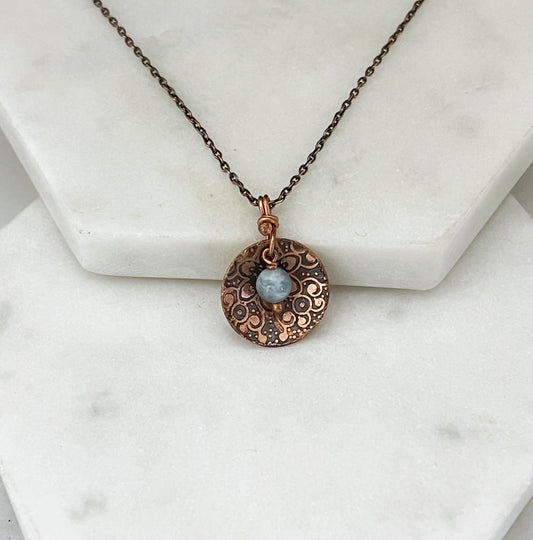 Acid etched copper necklace with aquamarine gemstone