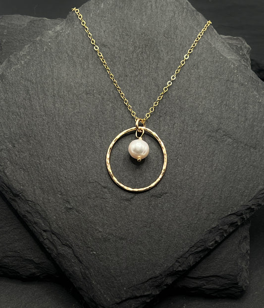 14K Gold hoop necklace with pearl