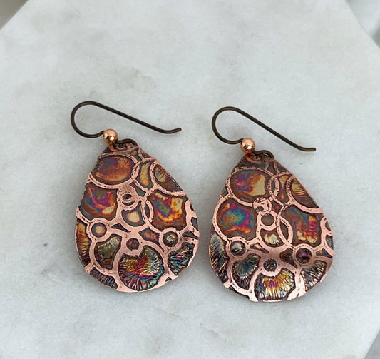 Acid etched copper medium teardrop earrings