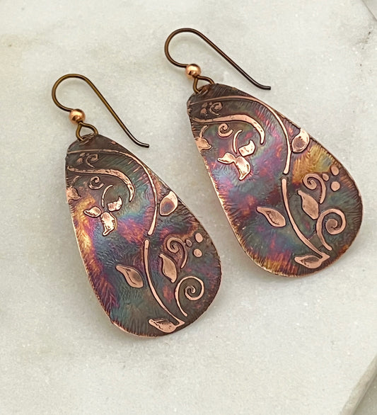 Large acid etched copper teardrop earrings