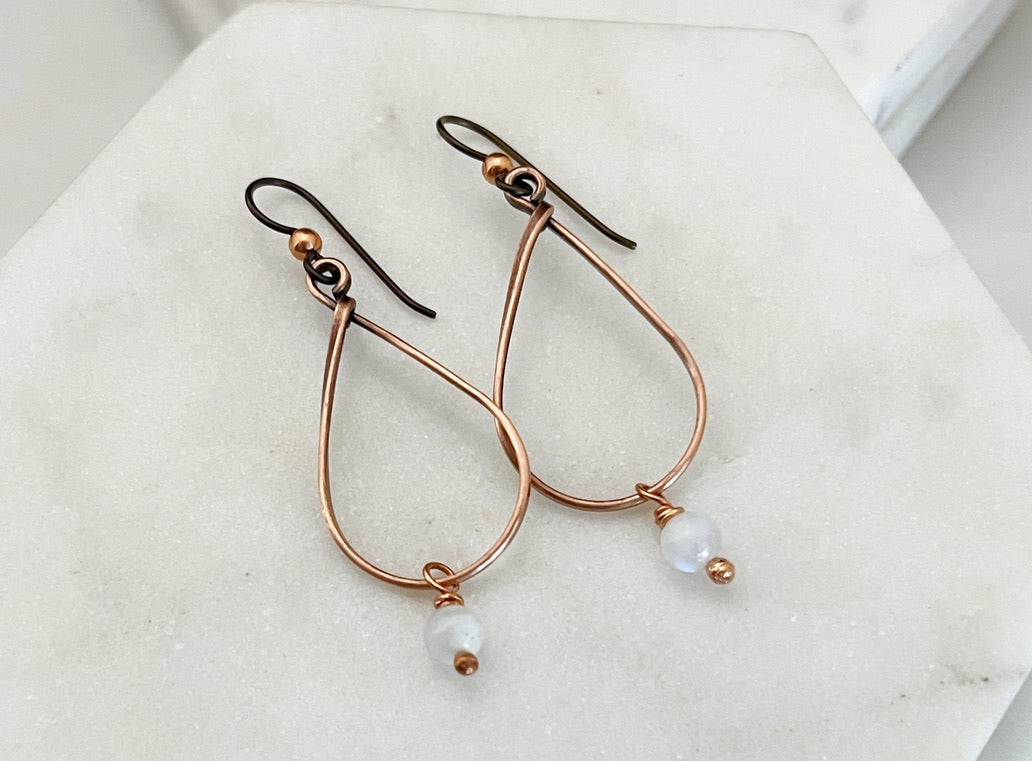 Copper teardrop hoop earrings with moonstone
