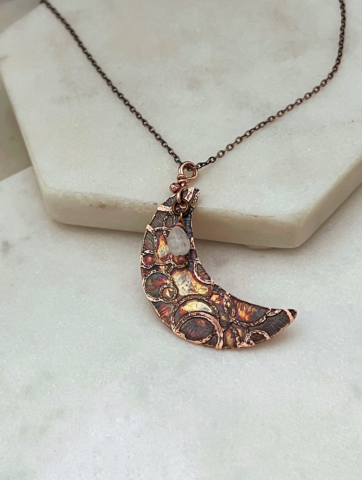 Acid etched copper crescent necklace with moonstone gemstone