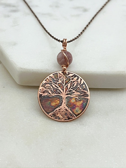 Copper and lepidolite rooted tree necklace