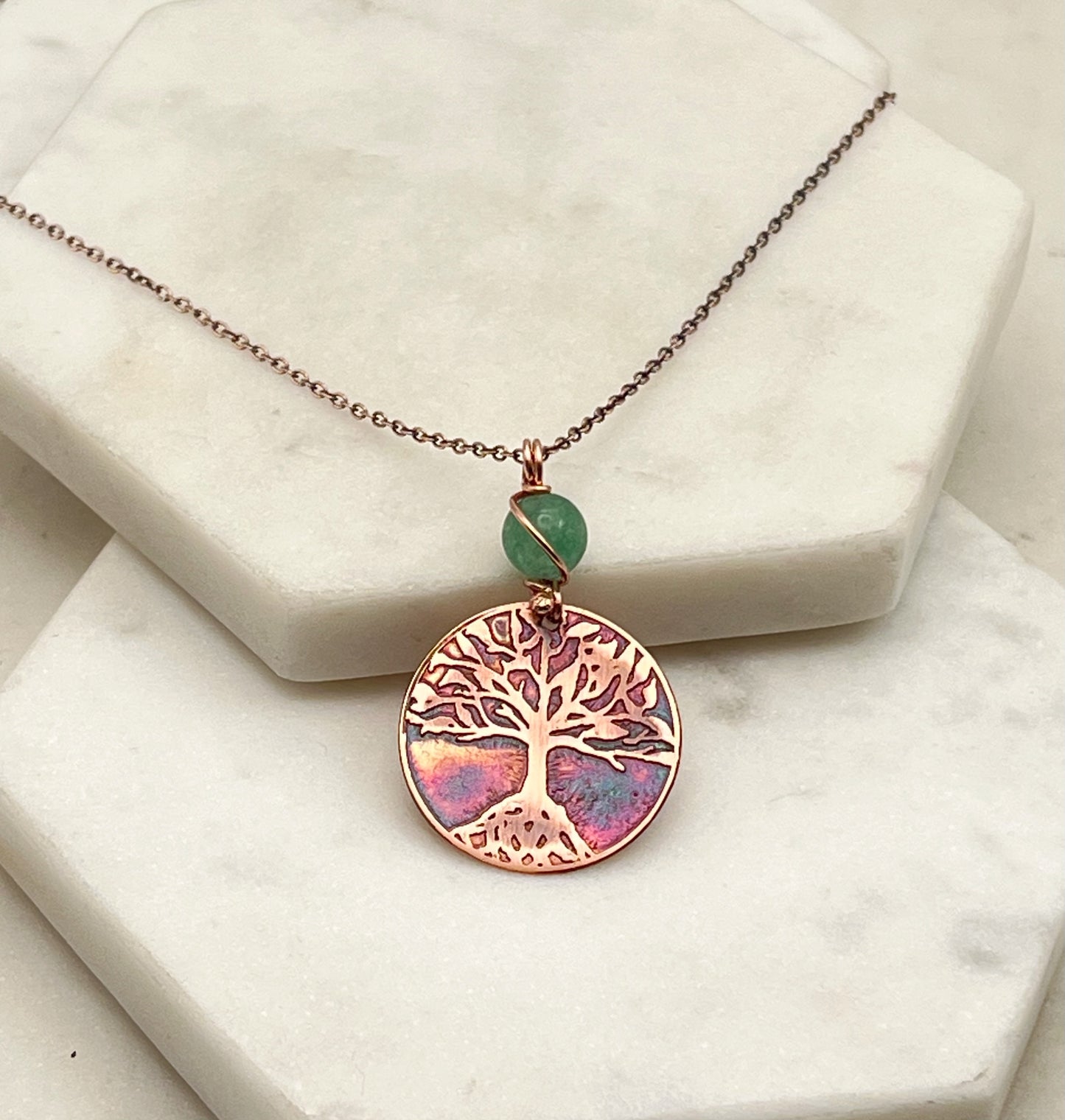 Copper and aventurine rooted tree necklace