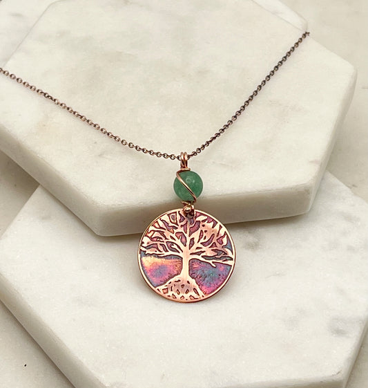 Copper and aventurine rooted tree necklace
