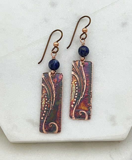 Acid etched copper earrings with lapis gemstones
