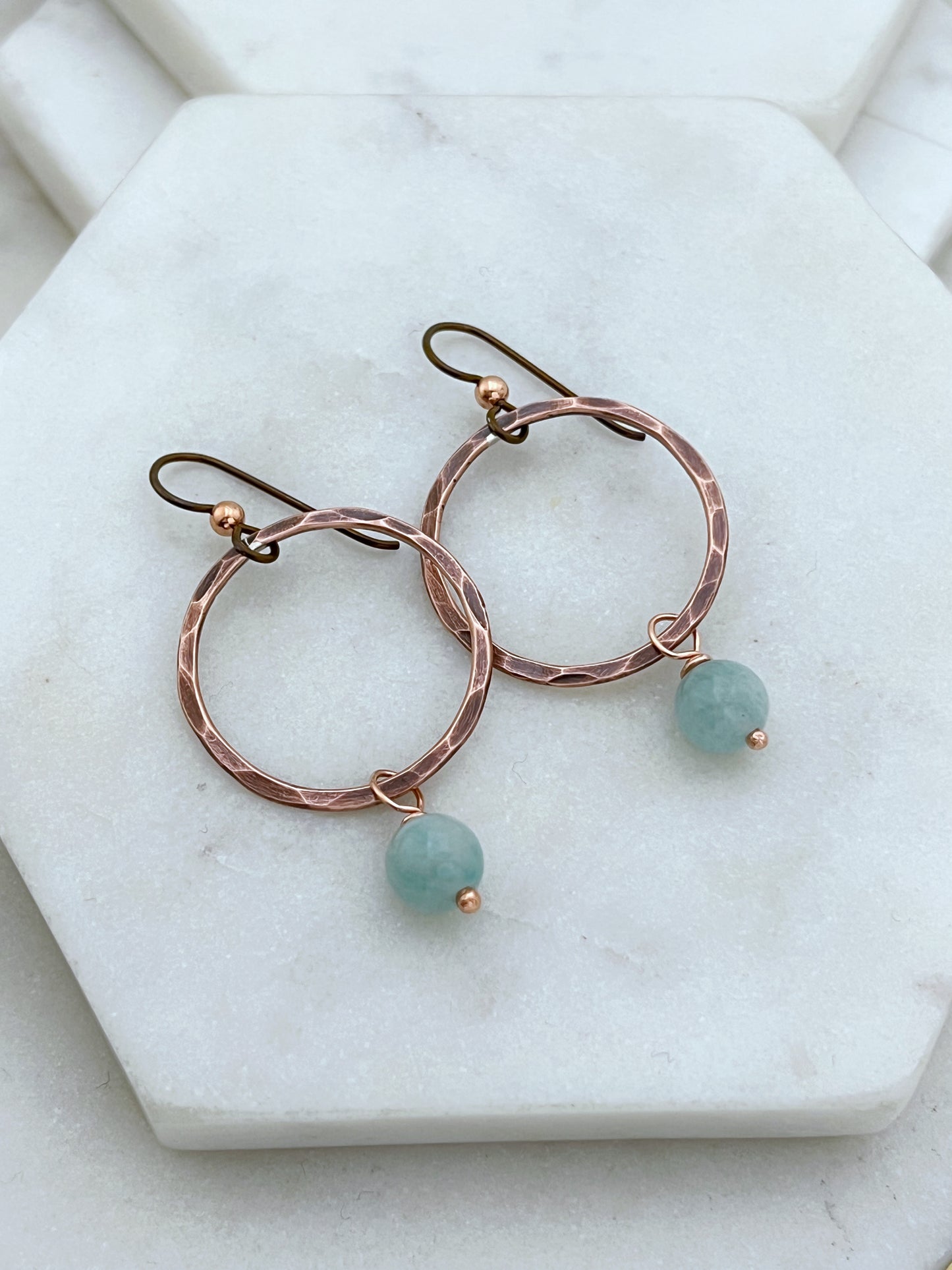 Copper oval hoops with amazonite gemstones