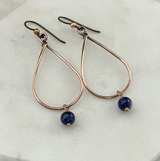 Copper teardrop hoop earrings with lapis