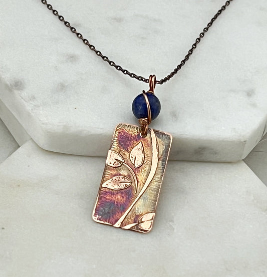 Acid etched copper leaf necklace with lapis gemstone