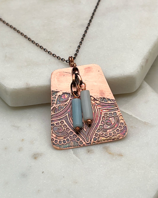 Acid etched copper necklace with amazonite gemstone