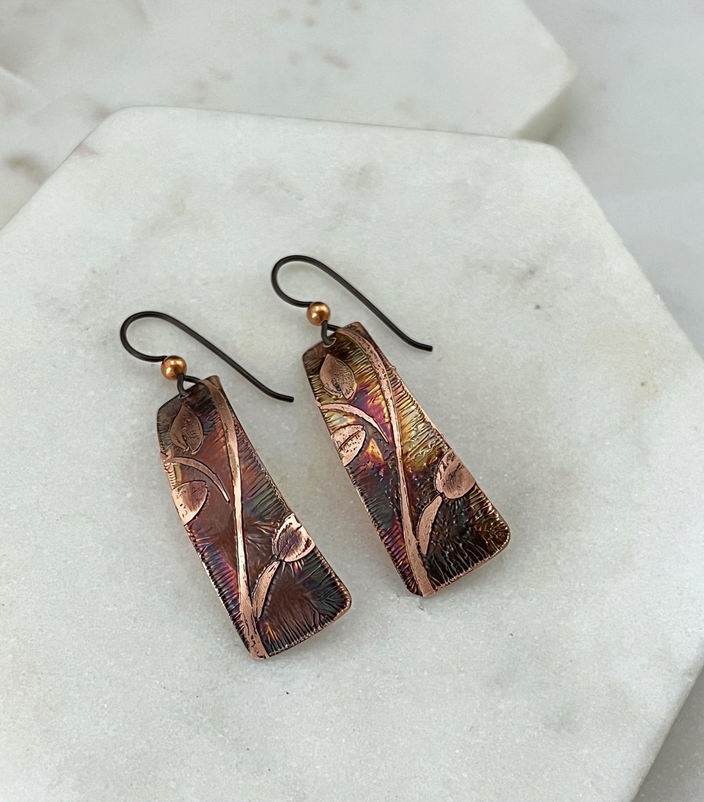 Acid etched copper irregular rectangle earrings