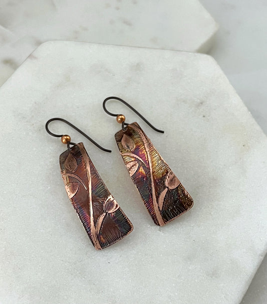 Acid etched copper irregular rectangle earrings