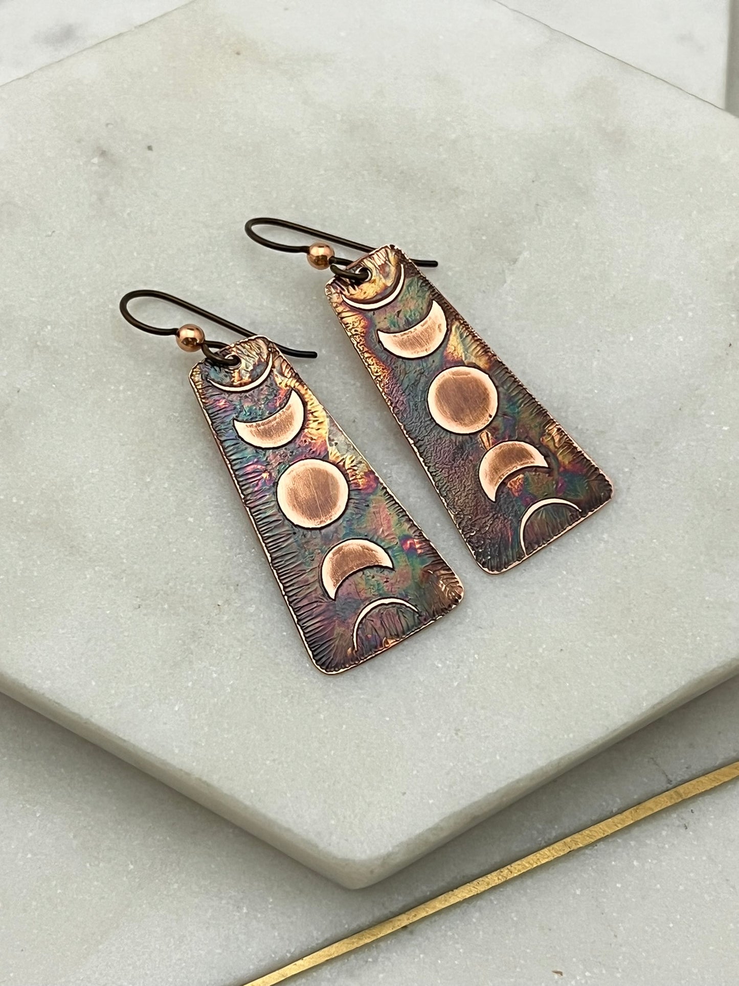 Acid etched copper moon phase earrings
