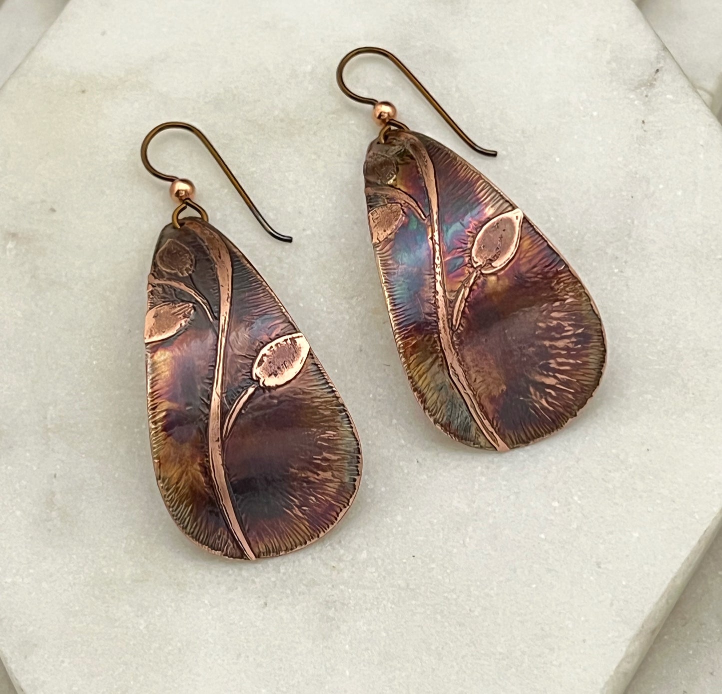 Large acid etched copper teardrop earrings