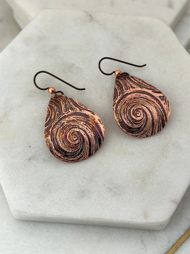 Acid etched copper medium teardrop earrings
