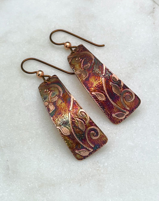 Acid etched copper irregular rectangle earrings