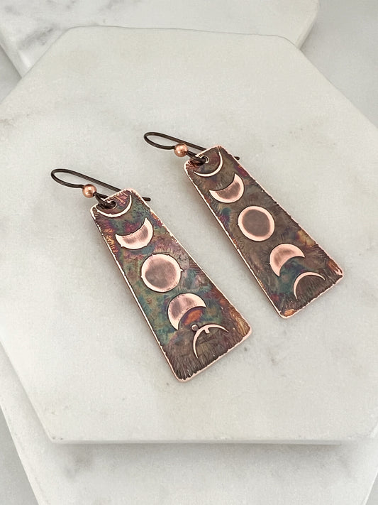 Acid etched copper moon phase earrings