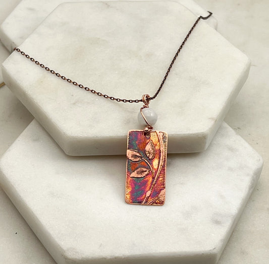 Acid etched copper leaf necklace with moonstone gemstone